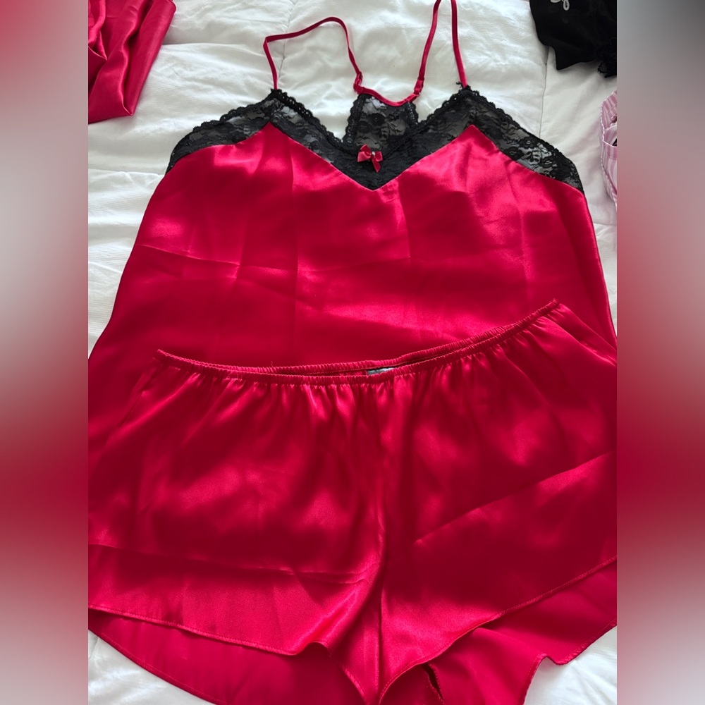 Apt. 9 Vibrant Red Satin Pajama Set with Black Lace Trim